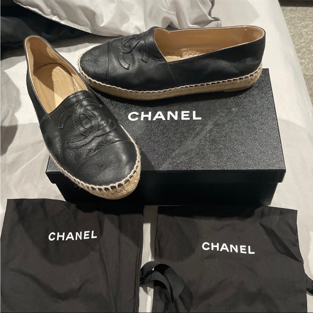 Chanel Authentic Black espadrilles.Size 38.worn. Box duster bags included.